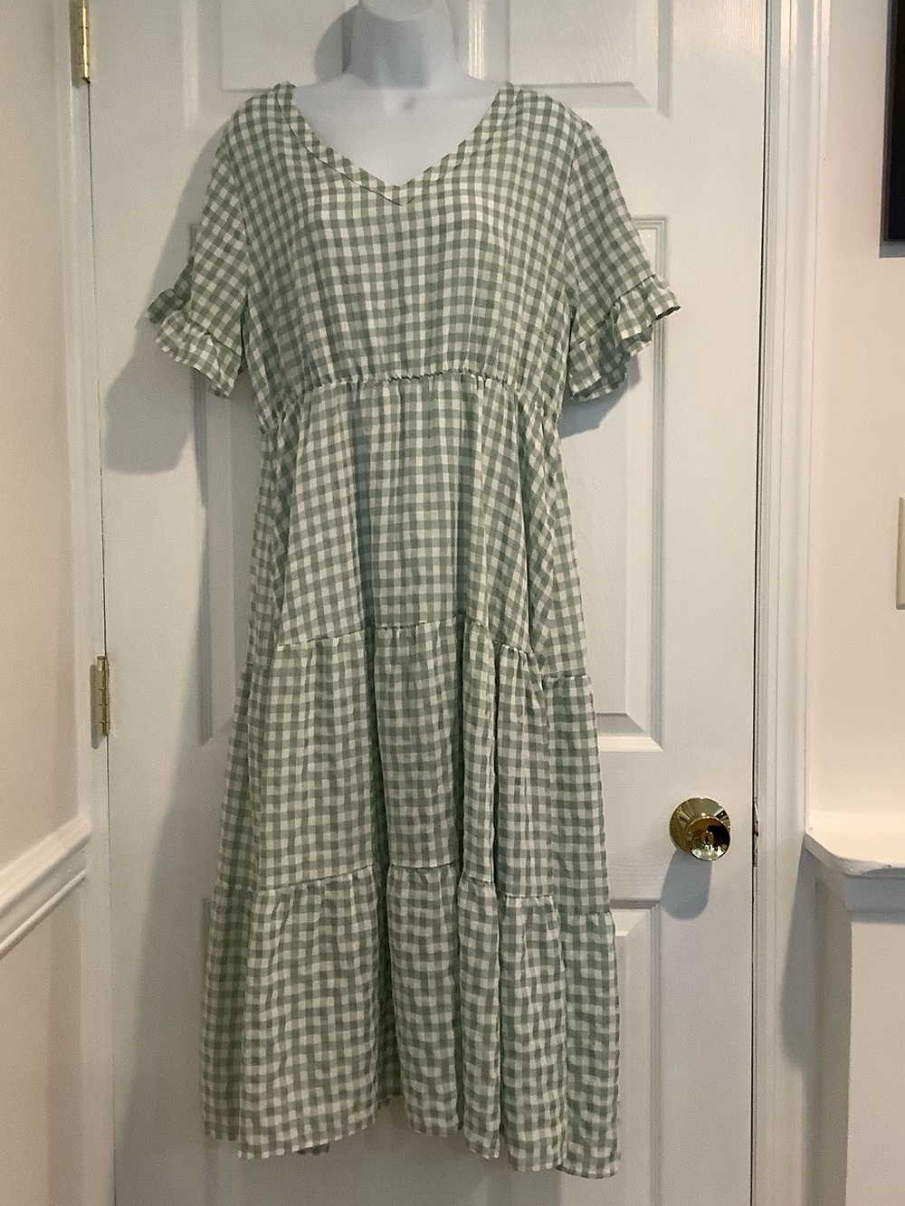 NWOT CHIC STYLE Green/White Gingham Light Coastal Grandma Farm Prairie Dress XL